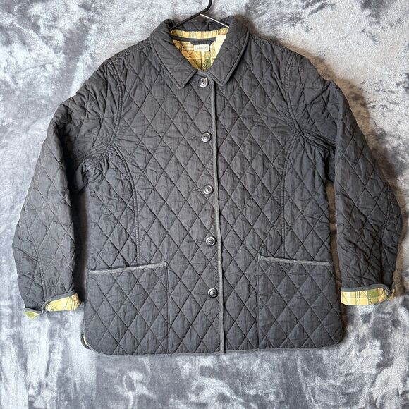 L.L. Bean Women's Large Quilted Long Sleeve Black Button Up Coat Collard Lined - Picture 1 of 7